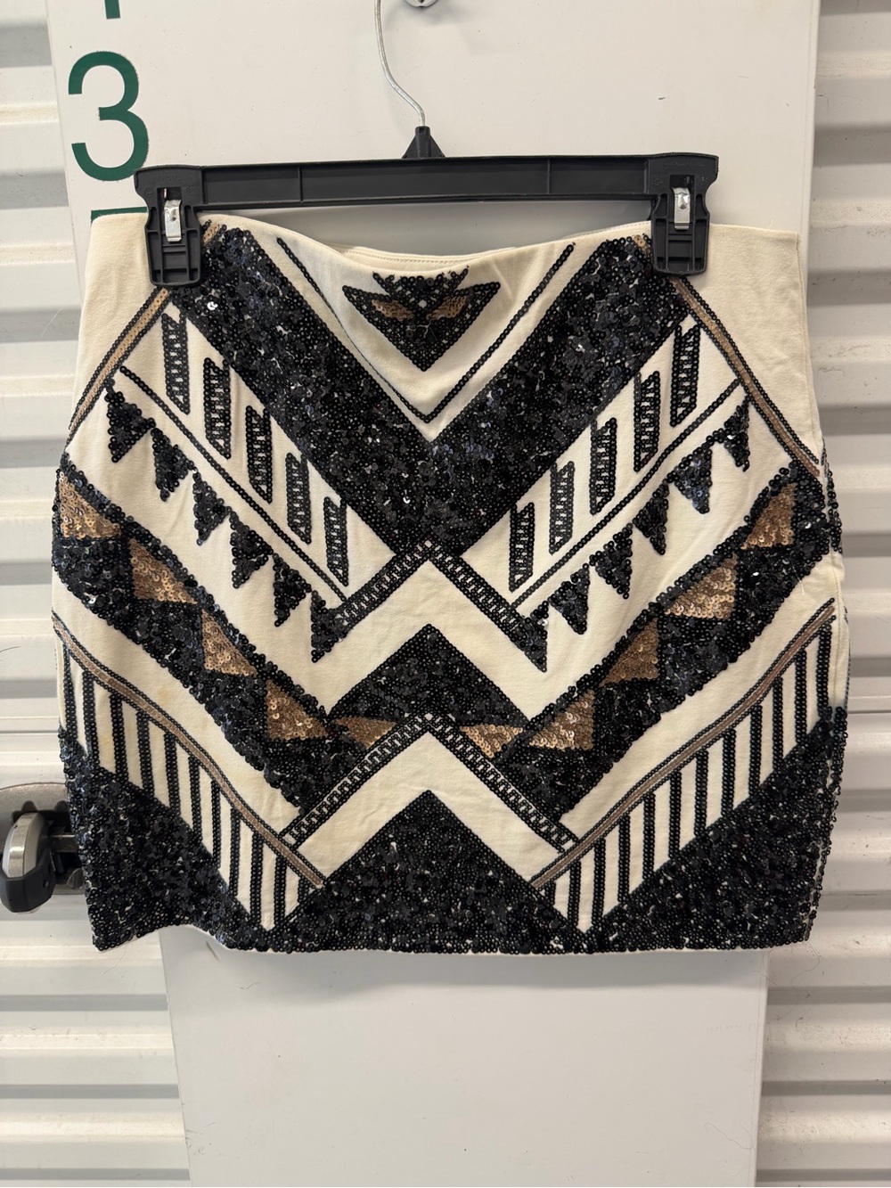 Express Black, Ivory and Gold Sequin Geometric Mini Skirt